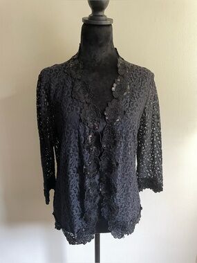 Amanda Collection Black Lace Sequin Open Front Cardigan Floral M